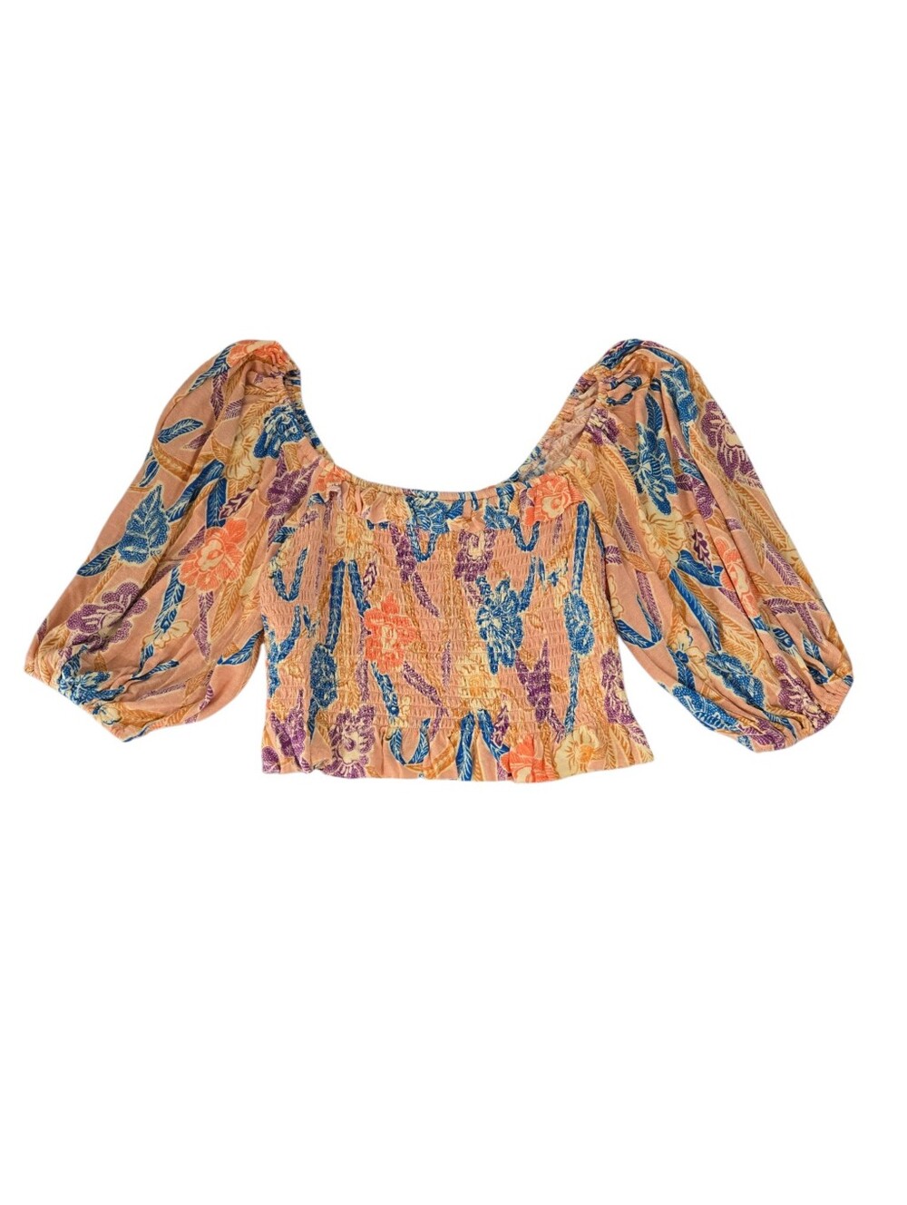 Urban Outfitters Smocked Floral Puff-Sleeve Crop Top in Peach Sze Med